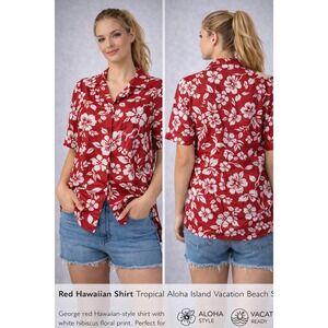 George Hawaiian Shirt Womens L Red Tropical Aloha Island Vacation Beach